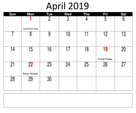 April Calendar With Federal Holidays 2019 Holiday Calendar Printable