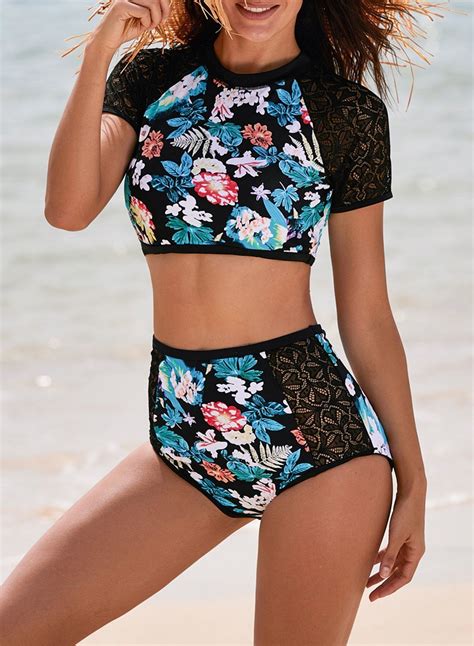 Women Floral Crop Top Lace Bikini Set Short Sleeve High Waisted Hollow Two Piece Bathing Suits