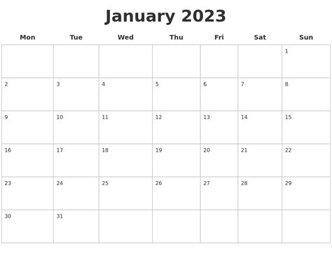 Blank January 2023 Calendar Printable Get Calendar 2023 Update