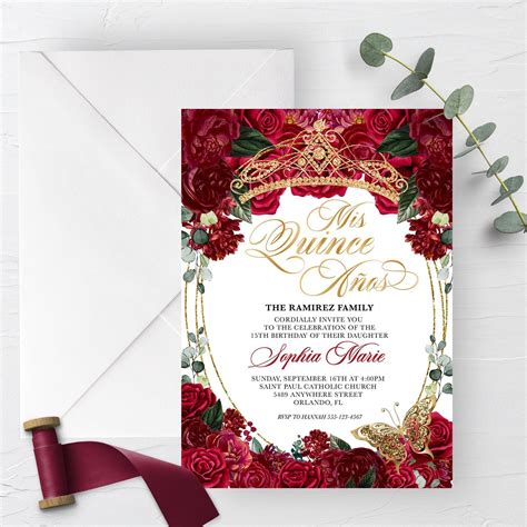 editable invitation elegant red and gold floral quinceanera etsy in 2021 elegant invitations