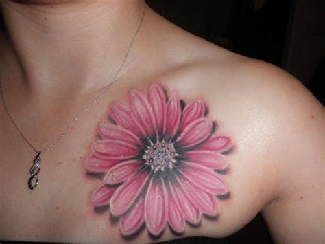 Cool Pink Daisy Flower Tattoo On Chest Tattooimages Biz