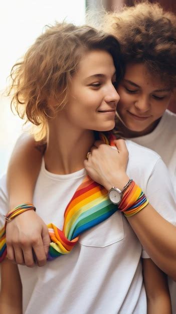 Premium Ai Image Lesbian Couple With Rainbow Bracelet Hugging In Love International Day
