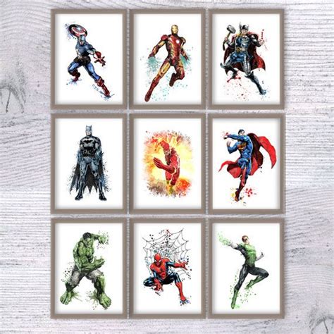 Superhero Poster Set Of 9 Superhero Print Superhero Wall Decor Etsy