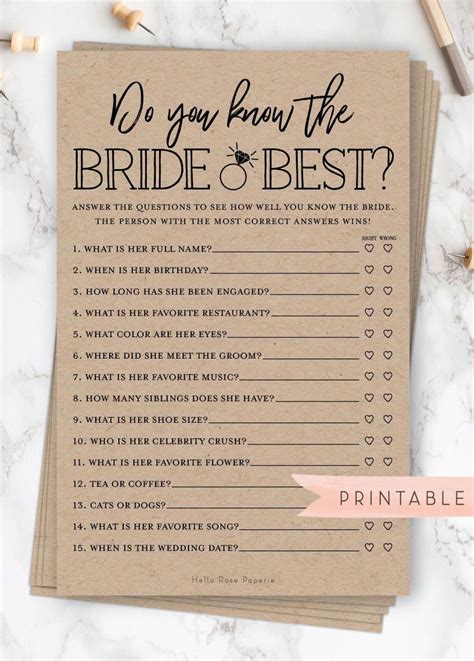 Do You Know The Bride Best Printable Bridal Shower Fun Game Rustic