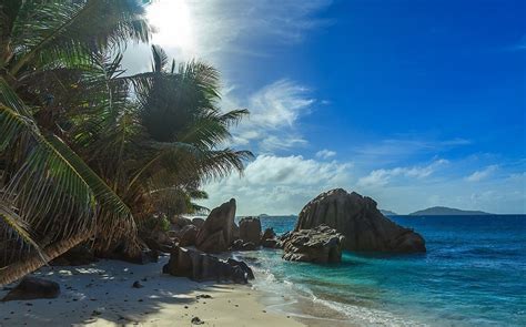 Nature Landscape Beach Sand Palm Trees Sea Island Rock Clouds Tropical