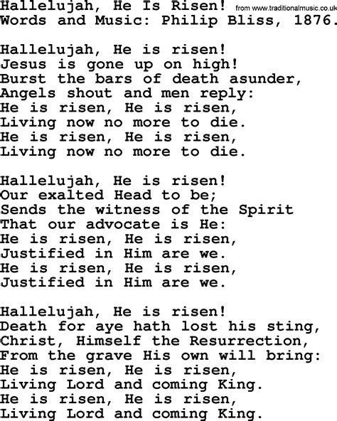 Hallelujah He Is Risen By Philip Bliss Christian Hymn Or Song Lyrics