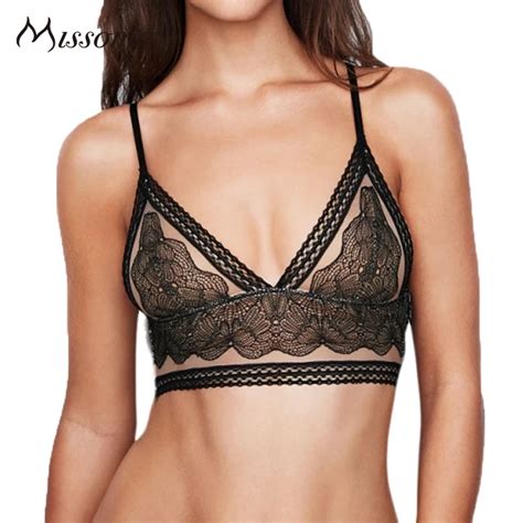 missomo black lace bra women mesh semi sheer patchwork hollow out push up bralettes female