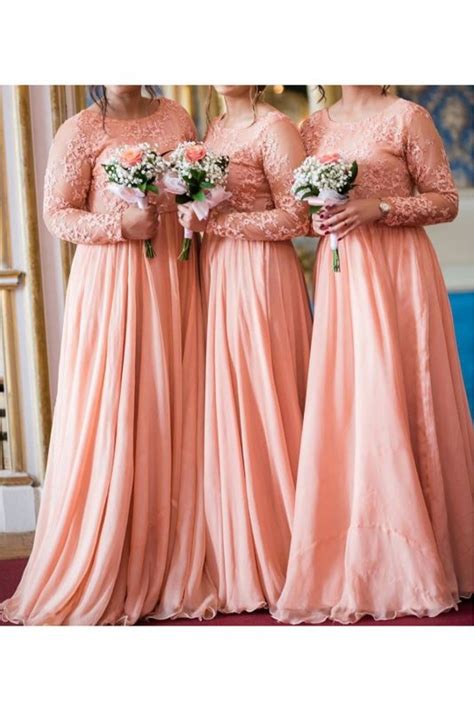 A Line Long Sleeves Lace And Chiffon Long Bridesmaid Dresses 3010394