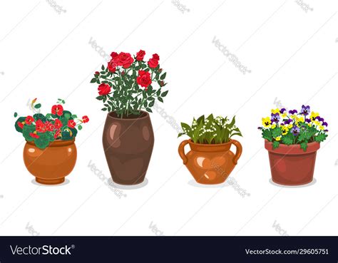 A Collection Flowers In Pots Isolated Royalty Free Vector