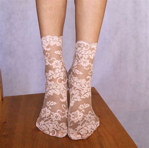 Lace Socks Beautiful Beige Floral Scalloped Edge Design Etsy