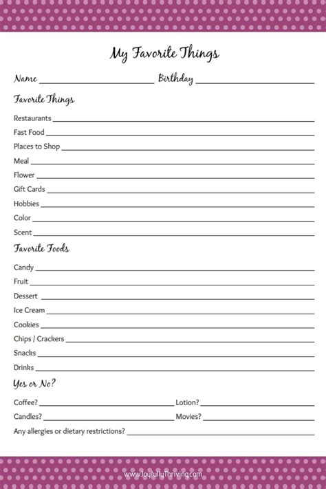 Printable My Favorite Things Worksheet