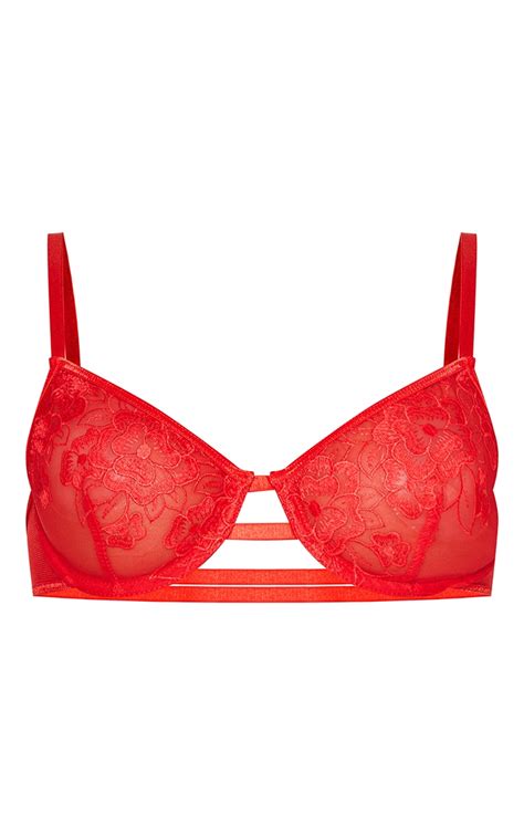 Red Underwired Embroidered Mesh Bra Prettylittlething Qa