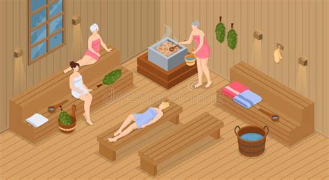 Sauna And Steam Room Set Of People In Sauna People Relax And Steam With Birch Brooms In Banya