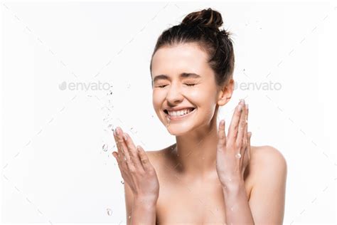 Happy Naked Young Brunette Woman With Natural Beauty And Closed Eyes