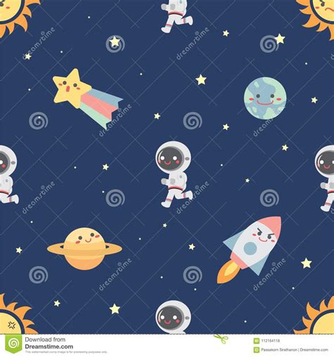 Looking for cute space fonts? Seamless Pattern With Collection Of Cute Space Object And Stars On Blue Background, Vector ...