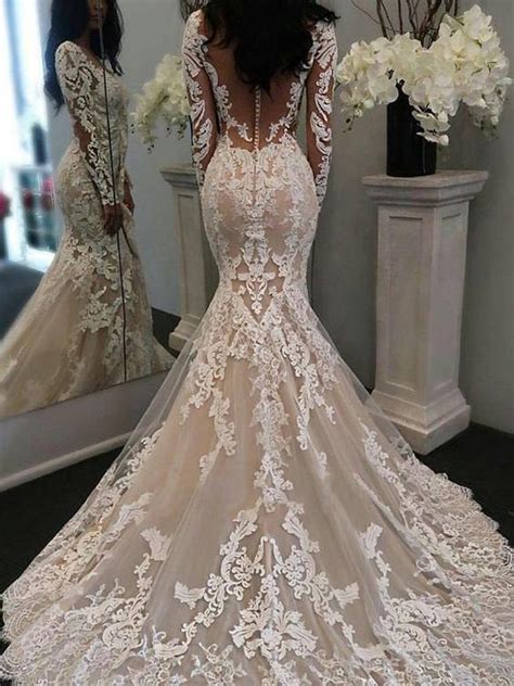 Vintage Inspired Mermaid Lace V Neck Long Sleeve Wedding Dress With