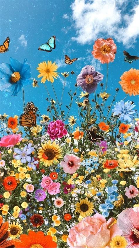 A Field Full Of Flowers And Butterflies Flying In The Sky