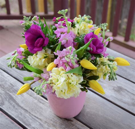 Spring Flower Arrangement With Stock And Tulips And Anemone Spring