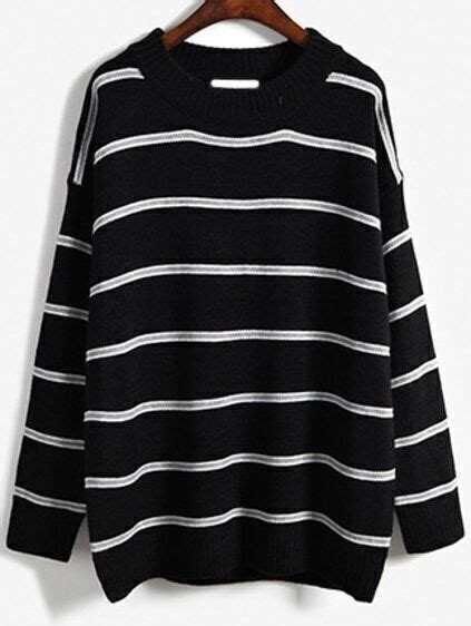 Round Neck Striped Loose Black Sweater