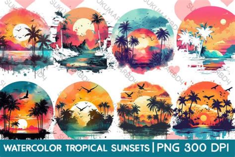Watercolor Tropical Sunsets Clipart Graphic By Sukumarbd4 · Creative Fabrica