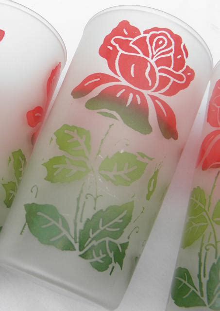 Red Roses Vintage Frosted Glass Drinking Glasses Set Of 6 Retro Swanky Swigs Tumblers