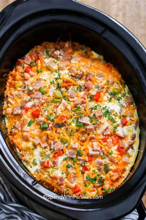 This slow cooker breakfast casserole is easy to make because you prepare it the night before. CrockPot Breakfast Casserole - Spend With Pennies - Balanced Reciepes | Slow cooker breakfast ...