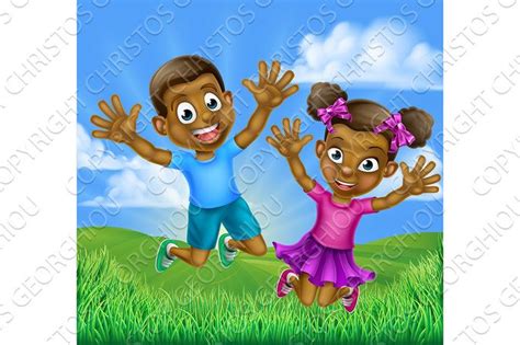 Happy Cartoon Black Kids Jumping Illustrator Graphics ~ Creative Market