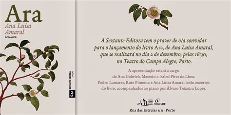 Em 2007, ana luísa amaral publicou o agora premiado entre dois rios e outras noites e é sobre esse livro que nos detemos. Livros & Coisas: CONVITE: LANÇAMENTO DE "ARA" DE ANA LUÍSA ...