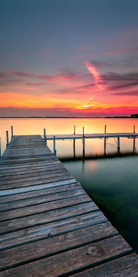 Download Wallpaper 1080x2160 Wooden Pier Calm Lake Sunset Honor 7x