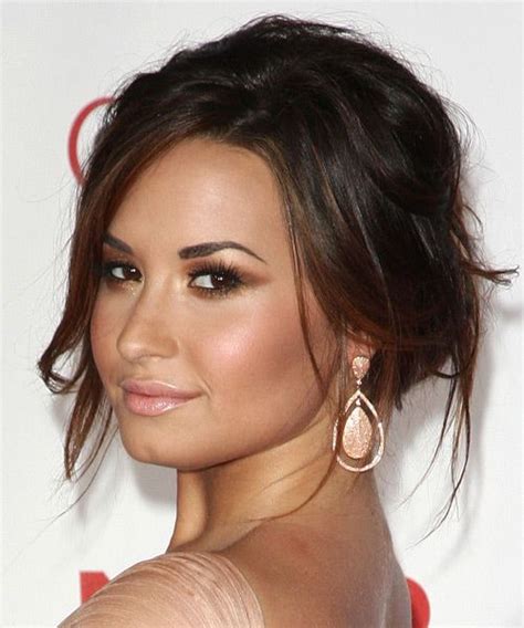 Demi Lovato Long Curly Dark Mocha Brunette Updo With Side Swept Bangs