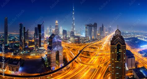 Dubai Skyline At Night Panoramic Aerial Top View To Downtown City