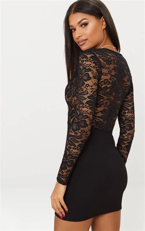 Black Lace Top Long Sleeve Bodycon Dress Prettylittlething Aus