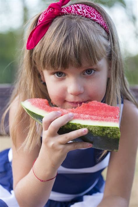 Happy Child Eating Watermelon In Summer Outdoors Stock Image Image Of