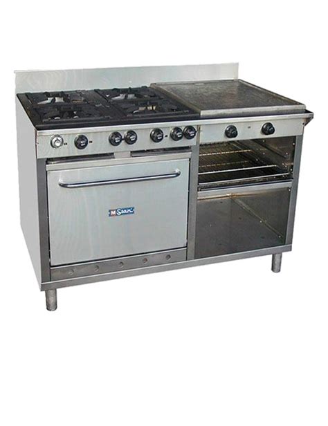 Cocina industrial de 4 platos con horno y plancha churrasquera. Vitrinas Colven - Cocina Industrial con Plancha