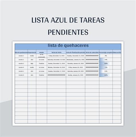 Plantilla De Excel Lista Azul De Tareas Pendientes Y Hoja De Cálculo De