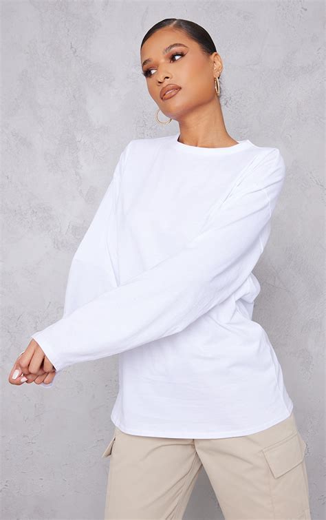 Organic White Oversized Long Sleeve T Shirt Prettylittlething Qa