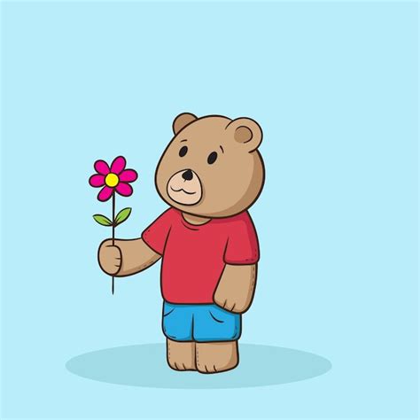 Premium Vector Cute Teddy Bear Holding Flower Cartoon Illustration