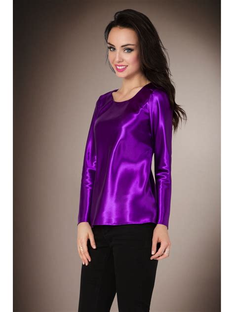 Violet Purple Satin Long Sleeved T Shirt Blouse Mode élégante Mode