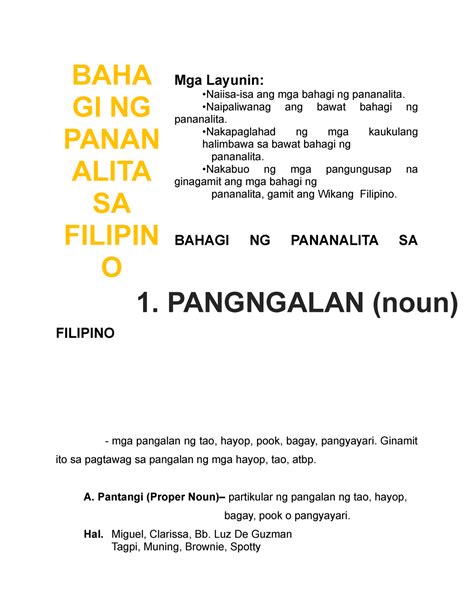 Bahagi Ng Pananalita Sa Filipino Mga Layunin Naiisa Isa Ang Mga