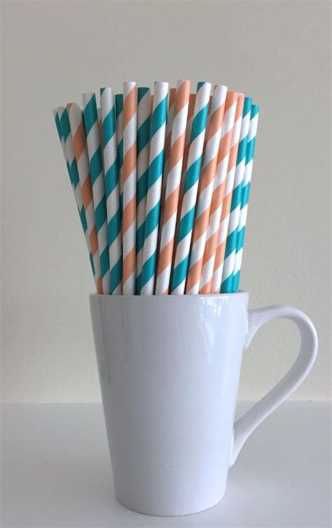 Paper Straws 25 Peach And Teal Coral And Aqua Party Straws Birthday