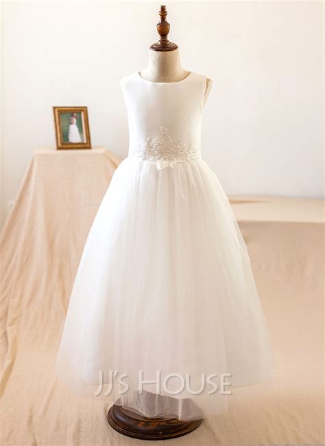 a line princess tea length flower girl dress satin tulle lace sleeveless scoop neck with lace