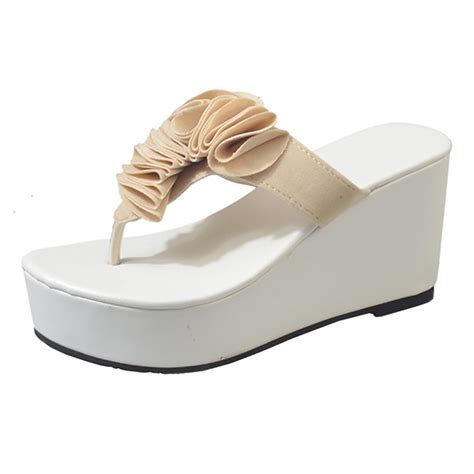 women summer thick bottom sloped slippers flip flops high heeled wedges platform shoes super