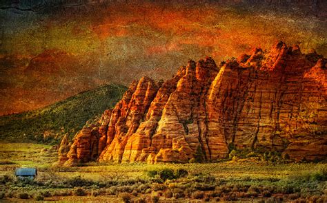 Wallpaper Landscape Painting Mountains Sunset Rock