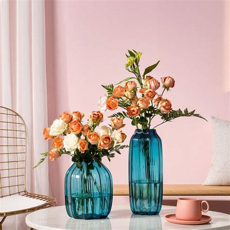Casamotion Home Decor Short And Long Diamond Shape Glass Blue Flower Vase Set Of 2 Glass Flower