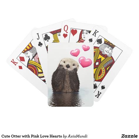 Cute Otter With Pink Love Hearts Playing Cards Hearts