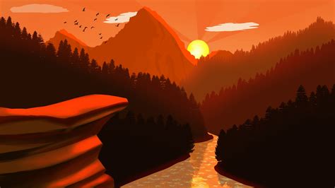 2560x1440 Nature Sunset Near Mountain River Artwork 1440p Resolution