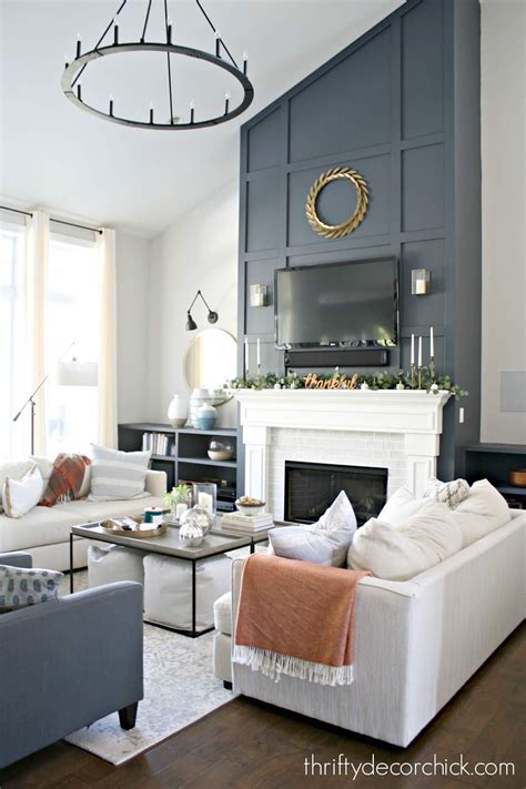 Dark Blue Tall Fireplace Wall With Molding In Living Room Decor Tall