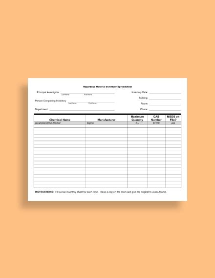 Hazardous Material Inventory Sheet Army