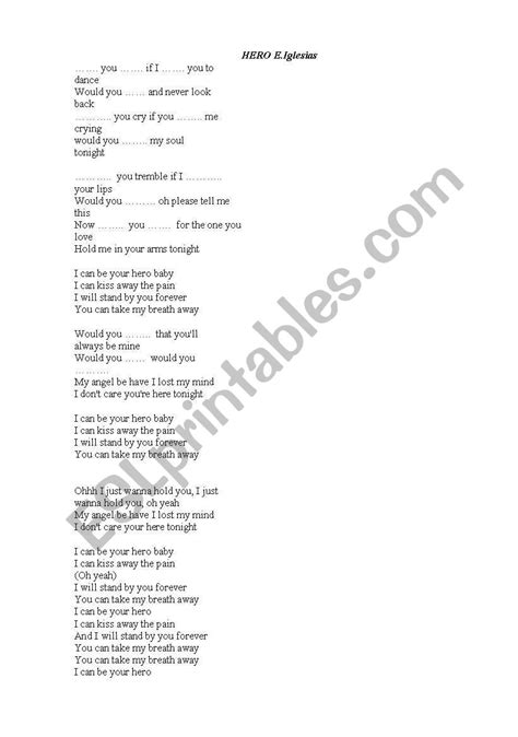 English Worksheets The Song Hero By E Iglesias