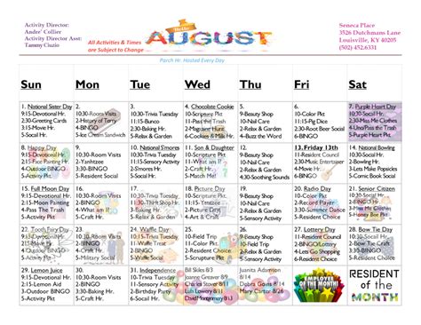 August 2021 Activity Calendar Seneca Place